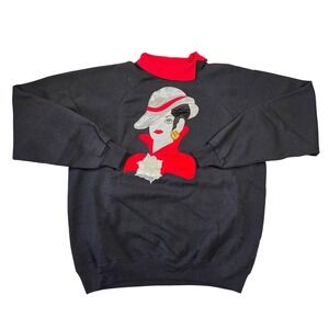 Vintage Hanes Activewear Graphic Sweatshirt Black Red Mock Neck 80s Woman XL USA